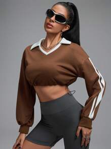 Innovista Women Brown Loose Fit Colorblock Cropped Sport Sweatshirts,Cropped Sweatshirts,Fall Sweatshirts,Going Out Tops,Workout Tops,Long Sleeves Sweatshirts,Colorblock Sweatshirts,Workout Women Tops,Fall Winter Women Outfit,Winter Women Clothes,Brown Long - Coffee Brown - View 11