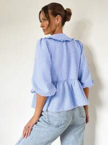 SHEIN Essnce 女士夏季宽松灯笼袖休闲可爱彼得潘领荷叶边蕾丝蓝格子衬衫上衣 - 藍白色 - 查看 5