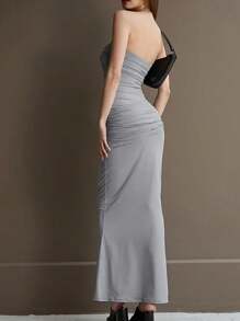 INAWLY Áo dài nữ mùa hè gợi cảm màu trơn thu thập ống ôm dài - Xám - Xem 2