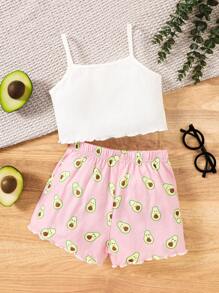 SHEIN 2pcs/Set Young Girl Avocado Pattern Knitted Camisole And Shorts Comfortable Casual Flame Retardant Pajamas - White - View 2