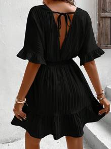SHEIN LUNE Surplice Neck Flounce Sleeve Ruffle Hem Dress - Black - View 2