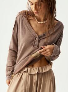 Bohemela Women's V-Neck Raglan Sleeve Patchwork T-Shirt - Camel - View 8