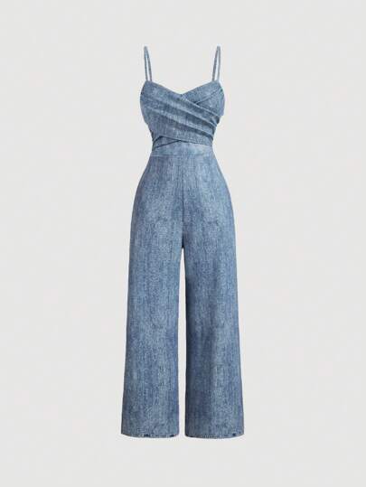 SHEIN MOD Plus Size Women's Denim Effect Printed Long Jumpsuit Pants, Denim Effect Jumpsuit,Fall Women Clothes