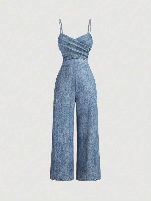 SHEIN MOD Plus Size Women's Denim Effect Printed Long Jumpsuit Pants, Denim Effect Jumpsuit,Fall Women Clothes