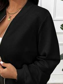 Calvaya Plus Size Casual Solid Color Black Lightweight Jacket, Spring/Fall Winter Autumn - Black - View 7