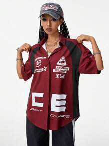 SHEIN EZwear Women's Loose Fit Solid Color Patchwork Short Sleeve Shirt