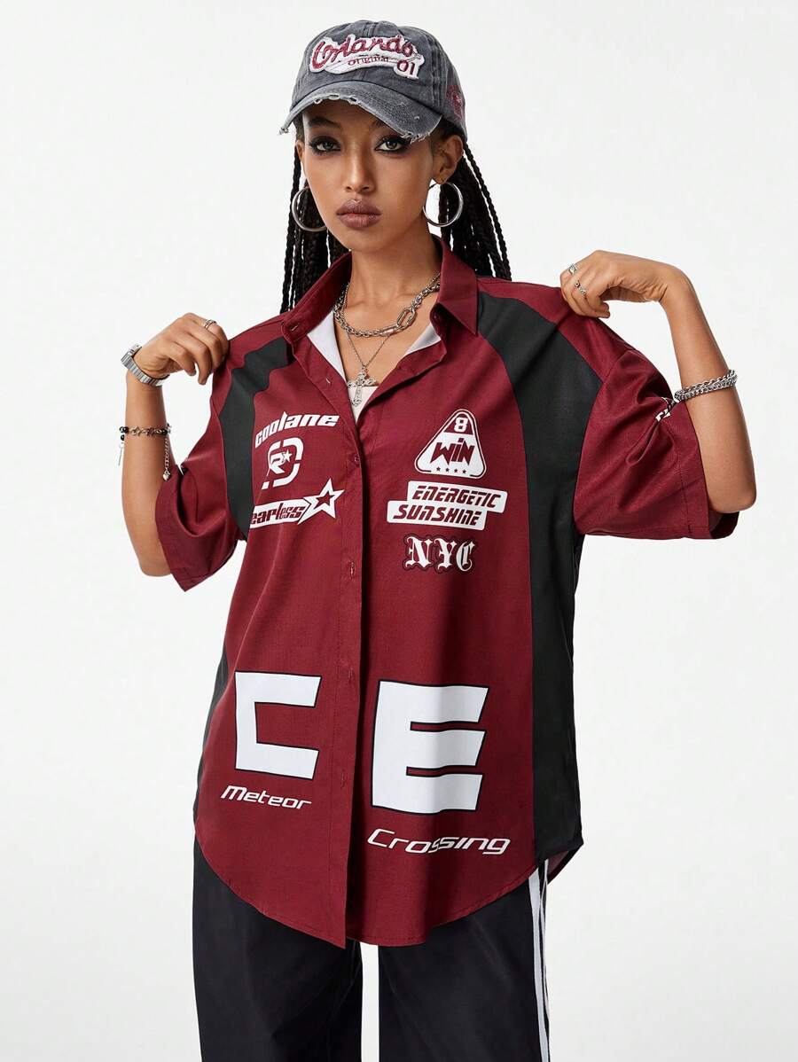 SHEIN EZwear Women's Loose Fit Solid Color Patchwork Short Sleeve Shirt