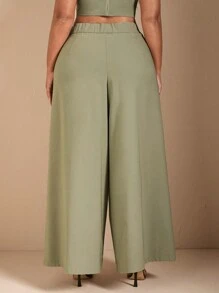 SHEIN BAE Pantaloni da abito eleganti e alla moda di colore verde chiaro a gamba larga diritta e con piega invertita per donne taglie forti, adatti per appuntamenti informali - Verde - Visualizzare 6