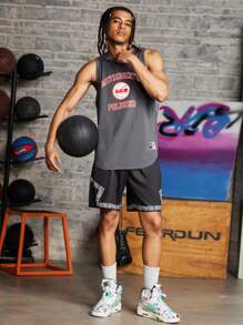 Manfinity Sport Corelite Boyfriend Style Men's Round Neck Sleeveless Letter Character Print Simple Tops For Daily Leisure - Dark Grey - View 4