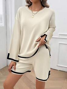 2pcs Casual Color Block Trim Long Sleeve Sweater And Shorts Set, Spring Autumn - Apricot - View 7