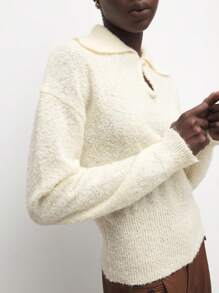 BizChic Beige Collar Hollow Out Drop Shoulder Loose Knit Sweater - Apricot - View 8