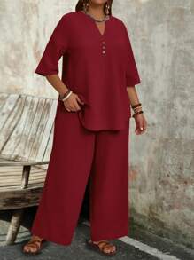 EMERY ROSE 2pcs Set Plus Size Solid V-Neck Mid Long Sleeve Simple Top And Pants - Burgundy - View 3