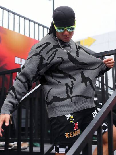 Manfinity Roghcode Pull tricoté ample et casual avec motif de ligne asymétrique pour hommes, automne hiver