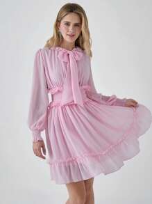 Enchnt Romantic Fall Holiday Elegant Pink Neckline Lantern Sleeves Ruffled Waist Bow  Dress - Pink - View 1