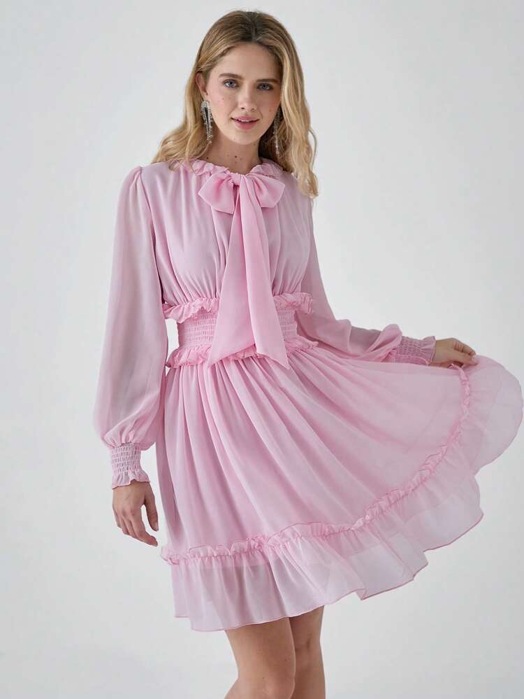 Romantic Fall Holiday Elegant Pink Neckline Lantern Sleeves Ruffled Waist Bow  Dress