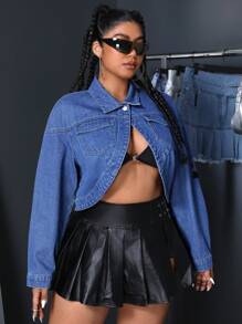 SHEIN ICON Áo khoác denim cỡ lớn đơn ngực mặc hàng ngày - Rửa trung bình - Xem 4