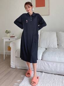 DAZY Cute Cartoon Print Half-Zip Casual Collared Loose Fit Lounge Dress Pajama - Navy Blue - View 5