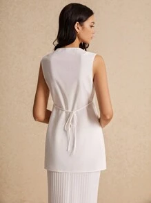 Poéselle Váy mùa hè cho nữ, Áo vải lanh trắng mùa hè cho nữ, Áo vest cài nút, Áo sơ mi không tay cổ tròn một hàng khuy đơn màu mùa hè cho nữ, Vải thoải mái và thoáng khí, Thích hợp mặc hàng ngày, dạo phố, đi làm, mặc ngày lễ - Màu be - Xem 4