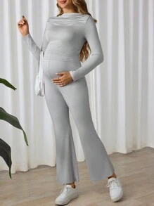 SHEIN 2pcs Maternity Solid Color Long Sleeve Simple Blouse And Pants Casual Suit - Light Grey - View 6