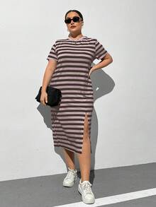 SHEIN Essnce Plus Size Nữ Mùa Hè Áo thun sọc xẻ tà dáng rộng mùa hè - Màu tím hoa cà - Xem 3