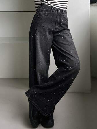 DAZY Women's Simple Front Button Multiple Pockets Rhinestone Embellished Casual Jeans Sequin