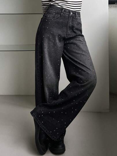 DAZY Women's Simple Front Button Multiple Pockets Rhinestone Embellished Casual Jeans Sequin