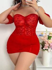 2pcs Lace Patchwork Bodycon Tube Top Nightgown Set - Red - View 3
