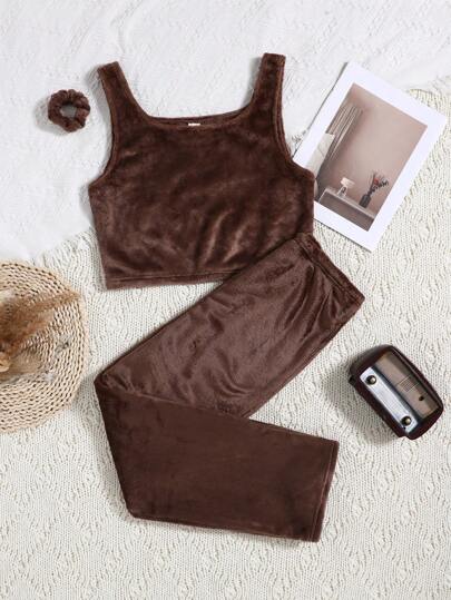 SHEIN 3-częściowy flanelowy komplet piżam dla nastolatek dla dziewcząt: top bez rękawów, długie spodnie i opaska na głowę, wygodna bielizna nocna na jesień/zimę