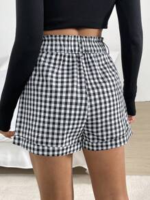 SHEIN Essnce Women's Casual Plaid High Waisted Shorts With Pockets, Summer