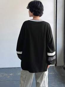 FRIFUL 女士V领撞色字母印花休闲长袖T恤，秋季服装 - 黑色 - 查看 5