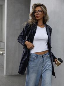 Aveloria Modichic Women's Regular Long Velvet Pleated Mid-Length Coat, Solid Color - Dark Grey - View 3