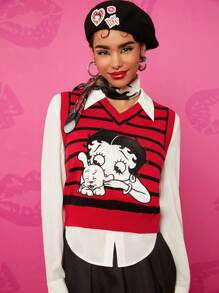 Betty Boop x SHEIN Women's Fall Cartoon Character & Striped Pattern V-Neck Sweater Vest - Red - View 1