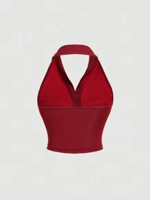 SHEIN MOD Áo ba lỗ hở lưng cổ yếm xếp ly cài nút phía trước màu trơn cho nữ - Màu Đỏ Sâu - Xem 2
