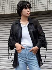 FRIFUL 女式系带单排扣休闲日常长袖透明衬衫