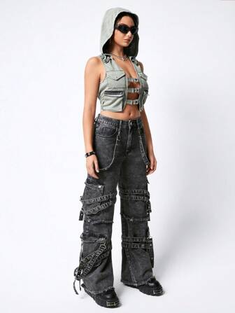 Grunge Punk Top tipo depósito de moda con capucha, lavado intenso, múltiples bolsillos, cremallera y botones, estilo callejero retro y de desperdicio para mujer