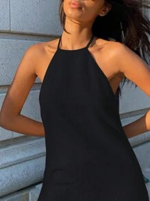 INAWLY Women's Solid Color Halter Neck Backless Summer Sexy Sleeveless Short Dress - Black - View 4