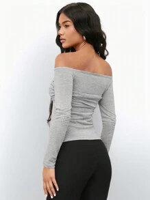 SHEIN BAE Gray Solid Color Women's Simple Daily Casual Outing, Back To School, Off Shoulder Off-Shoulder Long-Sleeved Tight T-Shirt,
Fitted T Shirt,Long Sleeves Woman,Work Women Tops