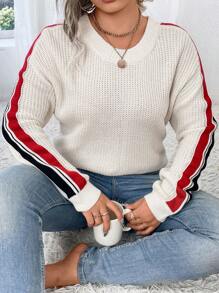 SHEIN Essnce Plus Size Women's Contrast Color Minimalist Long Sleeve Pullover Sweater, Casual Wear