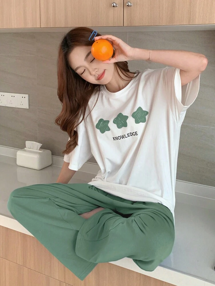 Simple Star & Letter Print Short Sleeve Top And Solid Color Pants Loungewear Set Pajama