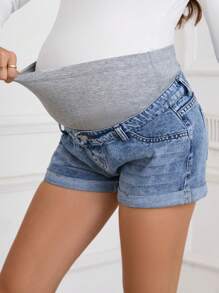 SHEIN Kobiety w ciąży Regulowana elastyczność Modne szorty dżinsowe z elastycznym pasem dla kobiet w ciąży - Jasny jeans - Zobacz 6