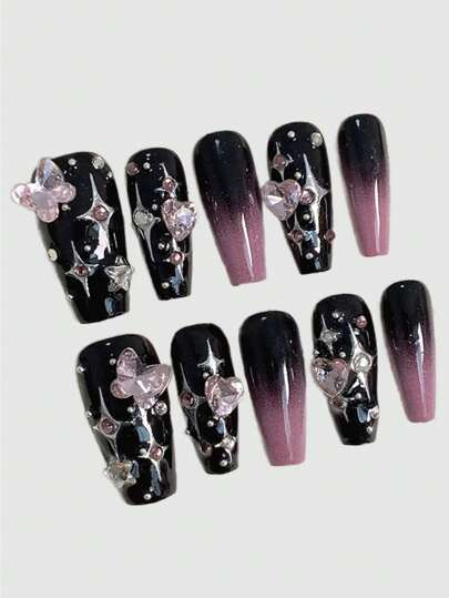 Goth 10pcs Y2K Style Hand Made Detachable Reusable Ombre Black & Pink Gradient Millennium Starry Nail Tips Jelly Gel , Black And Pink