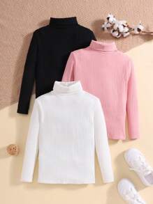3 piezas Tops de manga larga con cuello alto de punto de unicolor básico para niñas preadolescentes