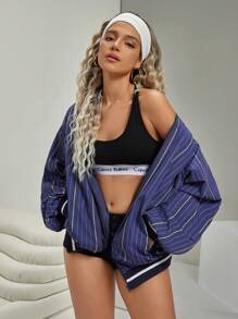 VARSITIE 复古风格宽松休闲棒球领条纹印花女式运动夹克 - 藏蓝色 - 查看 6