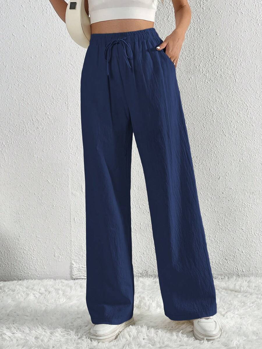 SHEIN Tall Quần dài thời trang đường phố thiết kế đa năng cho nữ kiểu dáng đơn giản có dây rút - Xanh đậm - Xem 1