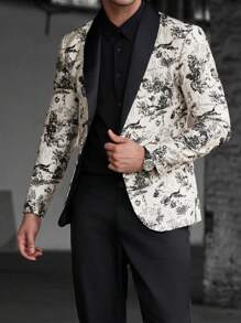 Manfinity Bizformal Bộ đồ dài tay in họa tiết batik cho nam, áo blazer có cổ và quần, trang phục dự tiệc thời trang thường ngày - trắng - Xem 1
