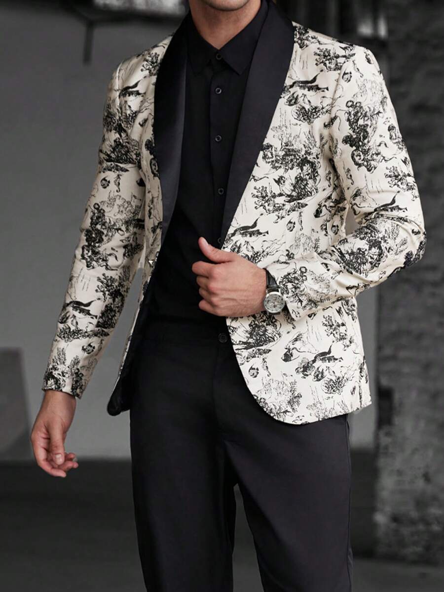 Manfinity Bizformal Bộ đồ dài tay in họa tiết batik cho nam, áo blazer có cổ và quần, trang phục dự tiệc thời trang thường ngày - trắng - Xem 1