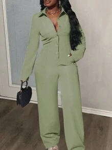 Slaydiva 024 新款夏季休闲优雅度假日常长袖纽扣直筒纯色连体裤 - 绿色 - 綠色 - 查看 6