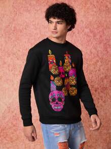 Simona Ahued X Day Of The Dead Artist Skeleton Print Casual Pullover Sweatshirt For Men, Holiday, Winter, Vacation, Valentine's Day, Spring, Festival