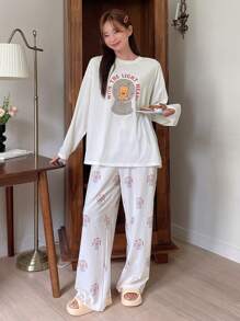 DAZY Cute Bear Letter Print Loose Fit Long Sleeve Top And Pants Pajama Set