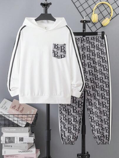 SHEIN 2 件/套幼儿儿童加大码休闲印花口袋连帽运动衫和印花抽绳裤针织服装，适合日常、旅行、运动、4 季、羊毛、加厚
